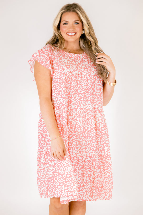 Chic Soul plus size clothing, light pink and white leopard print short flutter sleeve short babydoll dress