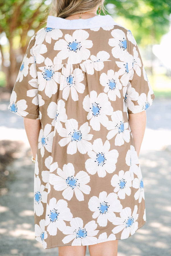 Plus size Human Nature Dress in brown with a white floral print, flowy fit, and collared neckline.