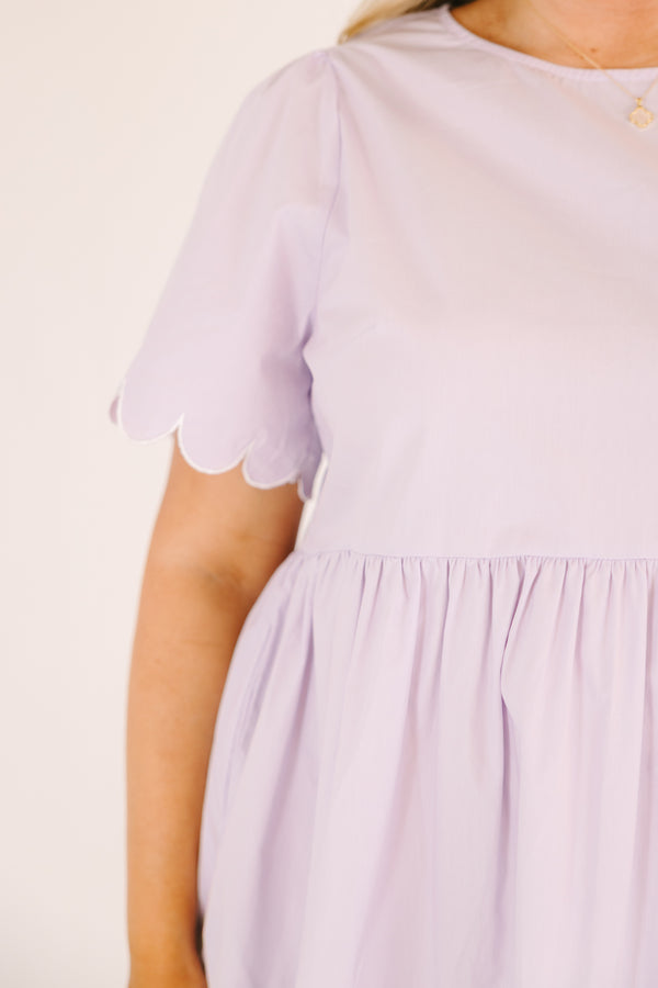 Chic Soul plus size clothing, light lilac purple short sleeve tiered baby doll dress with scalloped detailing on the edges of the sleeves and at the bottom of each tier
