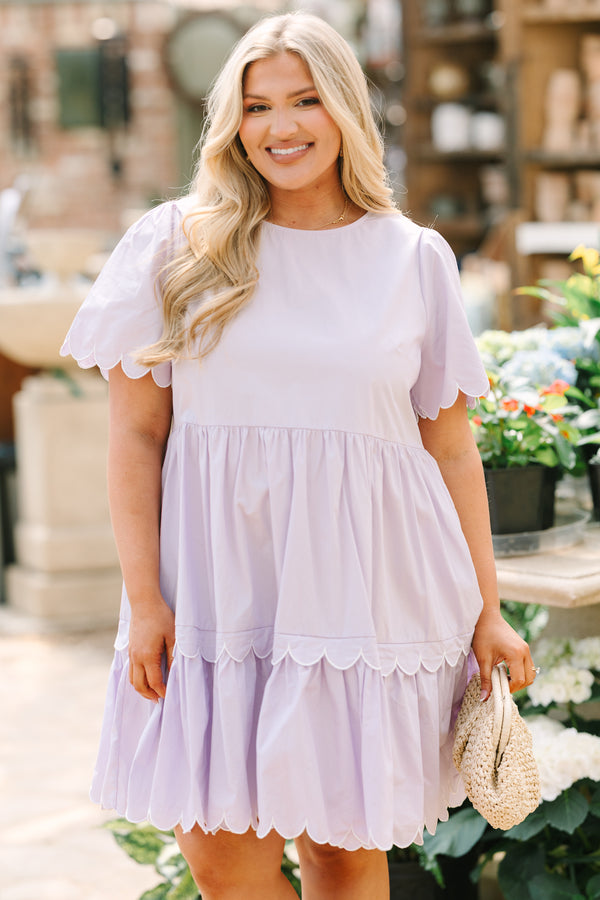 Chic Soul plus size clothing, light lilac purple short sleeve tiered baby doll dress with scalloped detailing on the edges of the sleeves and at the bottom of each tier