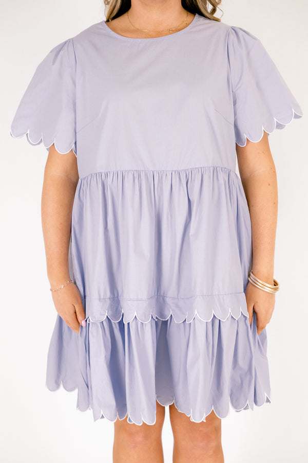 Chic Soul plus size clothing, light purple short sleeve tiered dress with scallop detailing on the sleeves and each hem