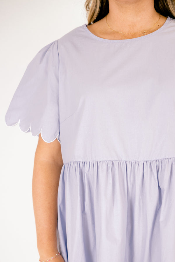 Chic Soul plus size clothing, light purple short sleeve tiered dress with scallop detailing on the sleeves and each hem