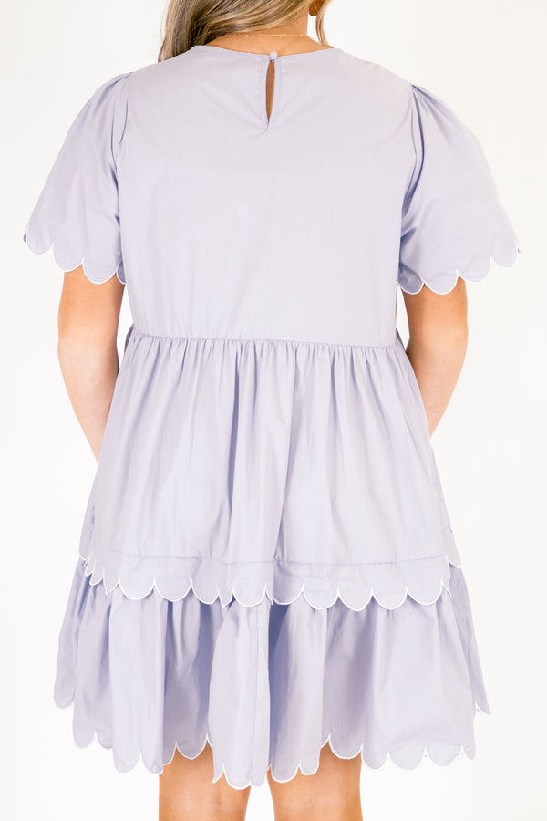 Chic Soul plus size clothing, light purple short sleeve tiered dress with scallop detailing on the sleeves and each hem
