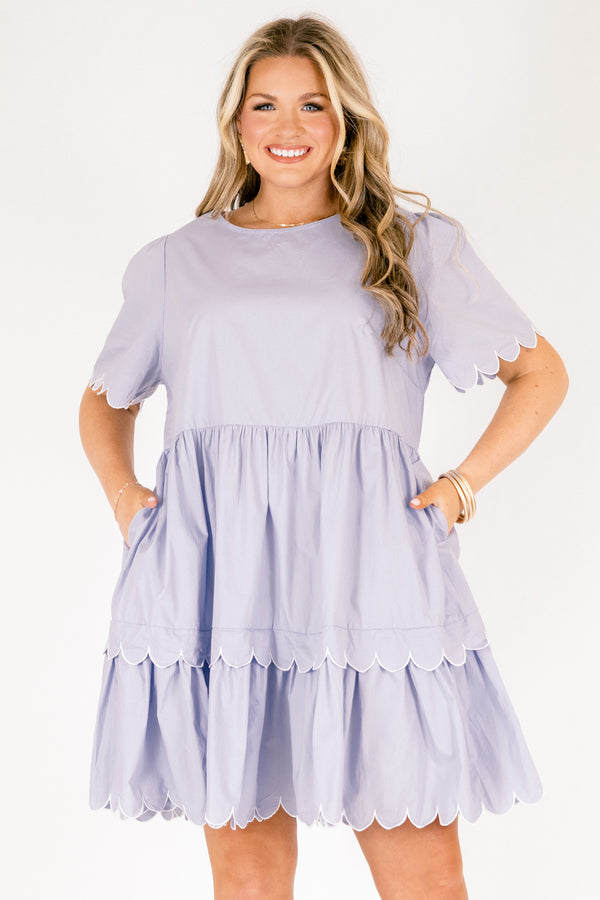 Chic Soul plus size clothing, light purple short sleeve tiered dress with scallop detailing on the sleeves and each hem