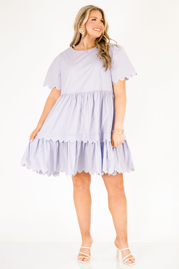 Chic Soul plus size clothing, light purple short sleeve tiered dress with scallop detailing on the sleeves and each hem