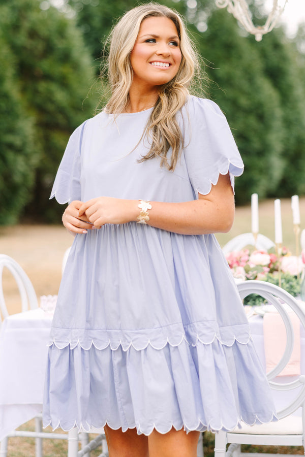 Chic Soul plus size clothing, light purple short sleeve tiered dress with scallop detailing on the sleeves and each hem