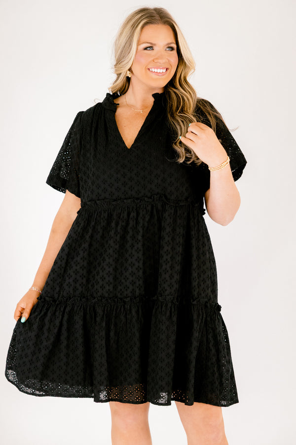 Chic Soul plus size clothing, black short sleeve tiered baby doll dress with eyelet detailing fabric and  v neckline