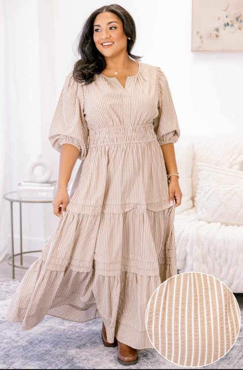 Chic Soul plus size clothing, brown and white vertical pin stripe tiered maxi dress with short puff sleeves and cinching at the waist