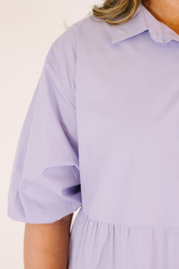 Chic Soul plus size clothing, lavender tiered knee length dress with buttons going down to the chest as well as bubble sleeves and a collar