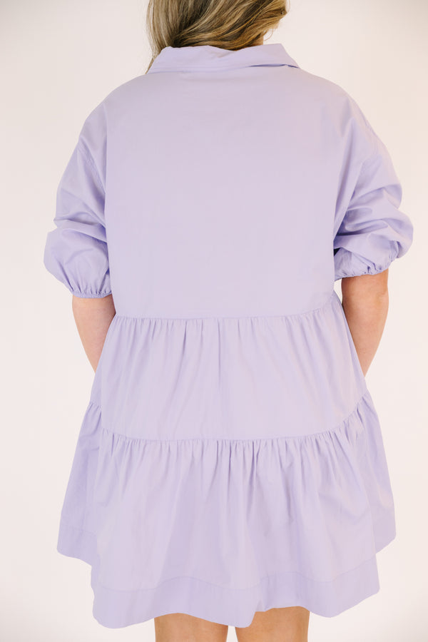 Chic Soul plus size clothing, lavender tiered knee length dress with buttons going down to the chest as well as bubble sleeves and a collar