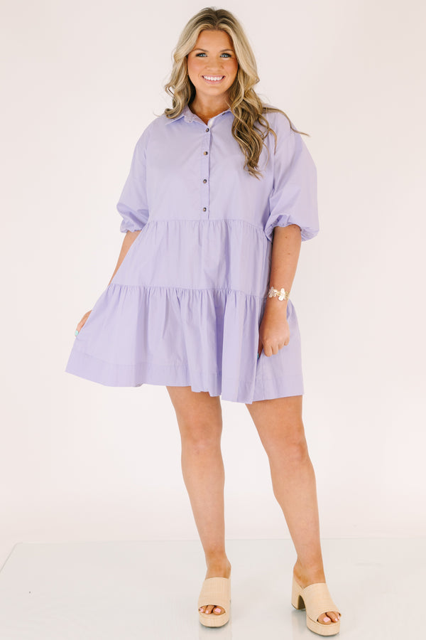 Chic Soul plus size clothing, lavender tiered knee length dress with buttons going down to the chest as well as bubble sleeves and a collar