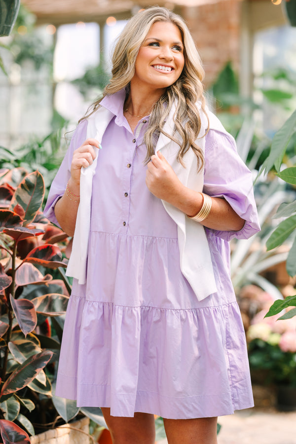 Chic Soul plus size clothing, lavender tiered knee length dress with buttons going down to the chest as well as bubble sleeves and a collar