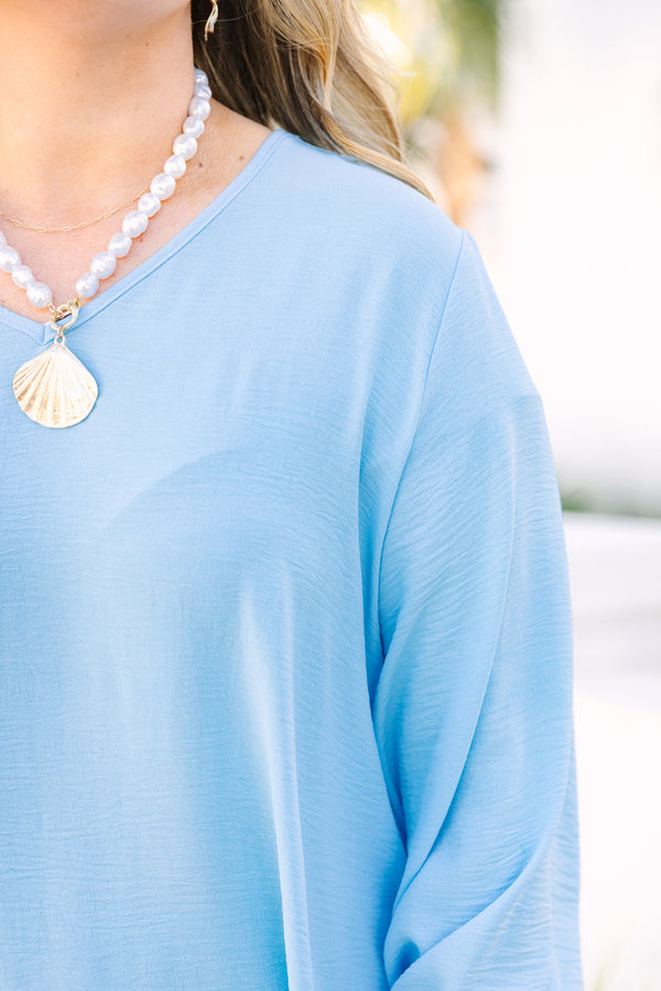 Chic Soul plus size clothing, ice blue long sleeve short dress with cinched sleeves and crew neckline