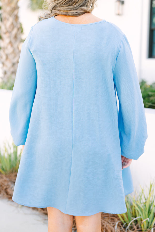 Chic Soul plus size clothing, ice blue long sleeve short dress with cinched sleeves and crew neckline