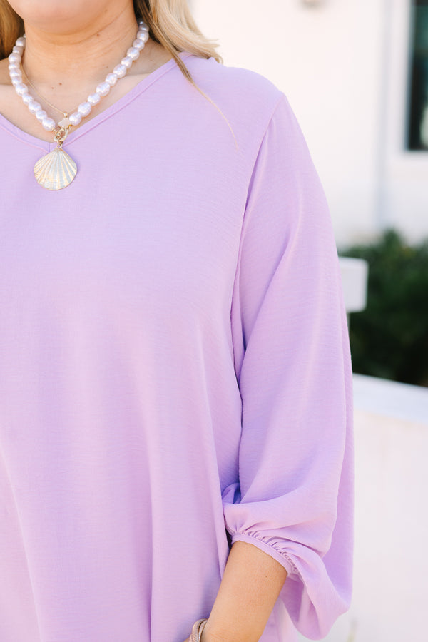 Chic Soul plus size clothing, lilac purple long sleeve short dress with cinching at the bottom of the sleeves and a soft v-neckline