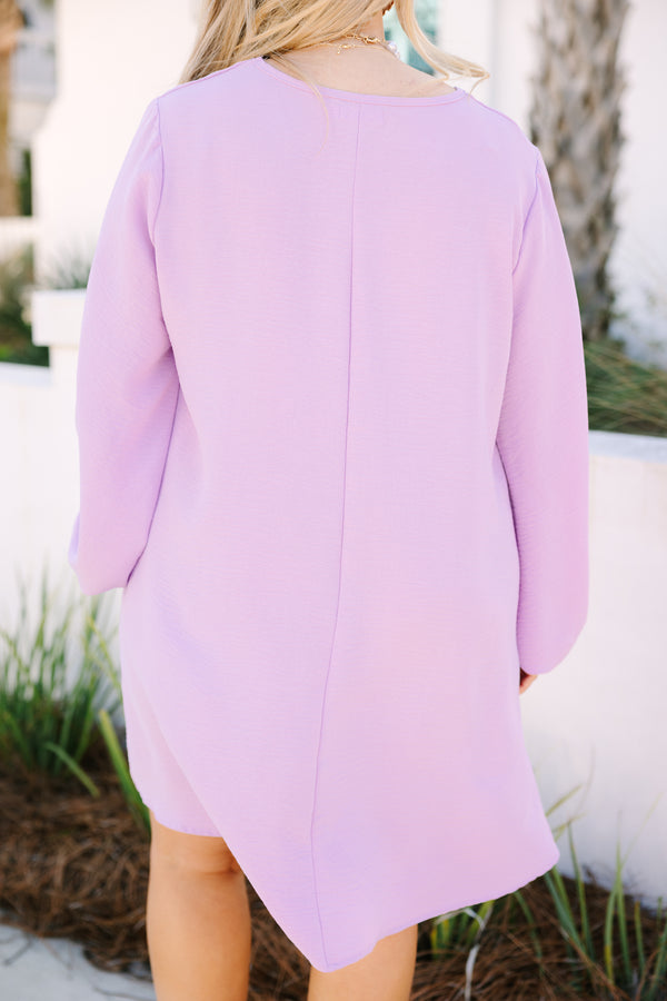 Chic Soul plus size clothing, lilac purple long sleeve short dress with cinching at the bottom of the sleeves and a soft v-neckline