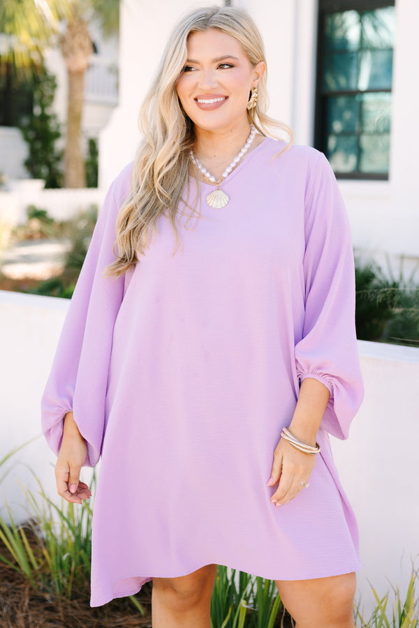 Chic Soul plus size clothing, lilac purple long sleeve short dress with cinching at the bottom of the sleeves and a soft v-neckline