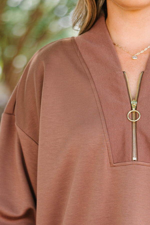 Plus Size brown scuba half-zip pullover with a gold ring zipper pull and ribbed hem and cuffs.