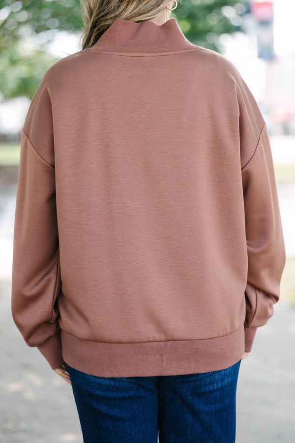 Plus Size brown scuba half-zip pullover with a gold ring zipper pull and ribbed hem and cuffs.