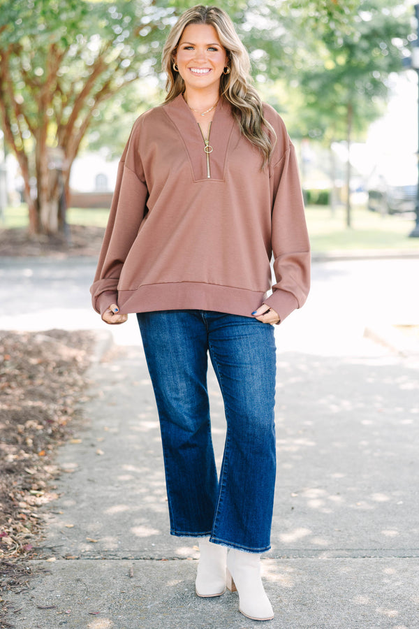 Plus Size brown scuba half-zip pullover with a gold ring zipper pull and ribbed hem and cuffs.
