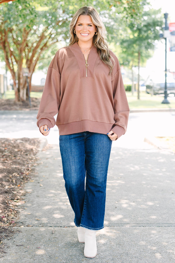 Plus Size brown scuba half-zip pullover with a gold ring zipper pull and ribbed hem and cuffs.