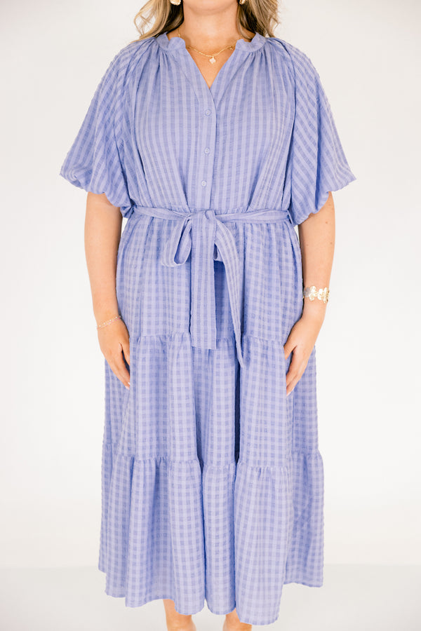 Chic Soul plus size clothing, blue short puff sleeve tiered maxi dress with tie belt at the waist and v neck cutout 