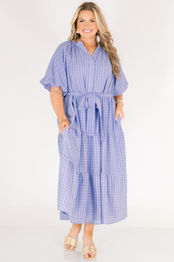 Chic Soul plus size clothing, blue short puff sleeve tiered maxi dress with tie belt at the waist and v neck cutout 