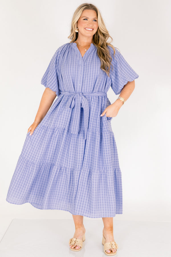 Chic Soul plus size clothing, blue short puff sleeve tiered maxi dress with tie belt at the waist and v neck cutout 