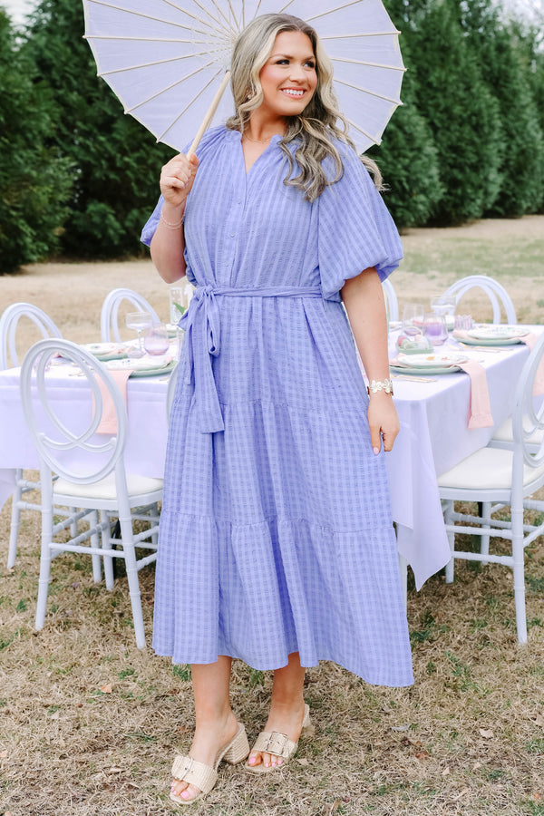 Chic Soul plus size clothing, blue short puff sleeve tiered maxi dress with tie belt at the waist and v neck cutout 