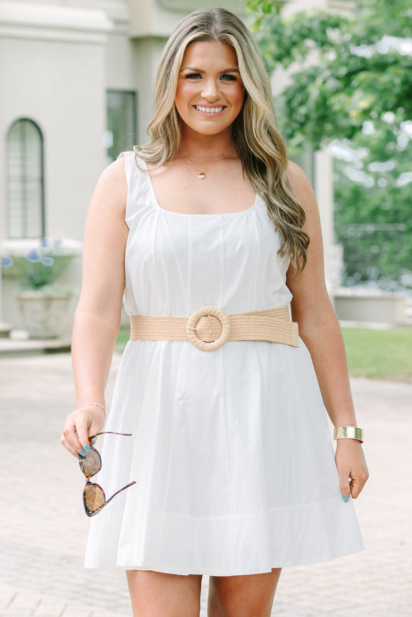 Plus Size white cotton tank mini dress with vertical pintucks and a square neckline.