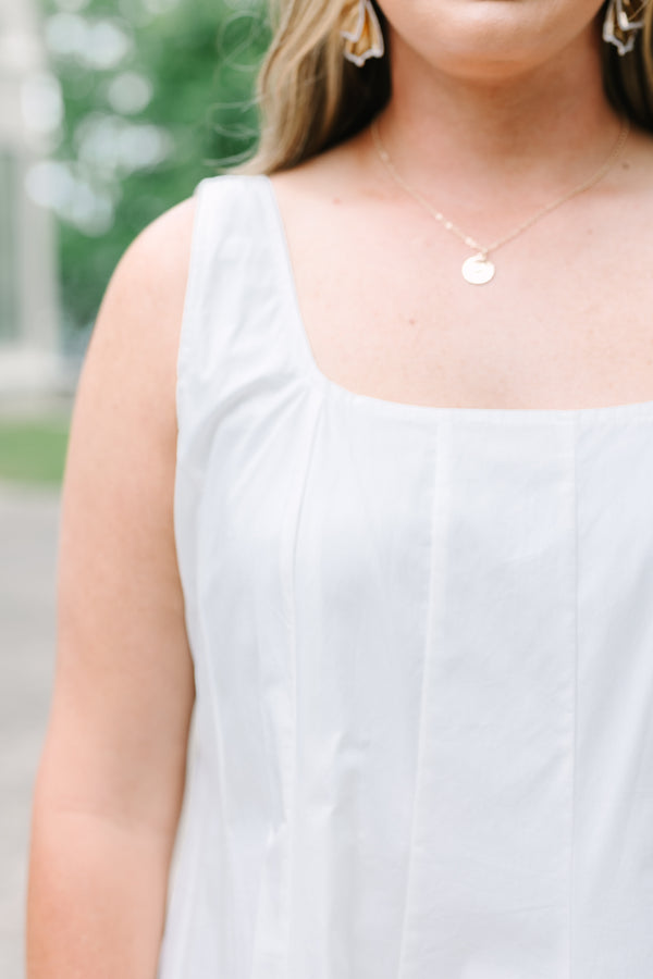 Plus Size white cotton tank mini dress with vertical pintucks and a square neckline.