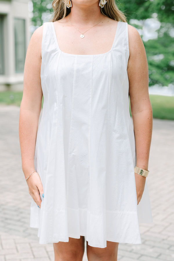 Plus Size white cotton tank mini dress with vertical pintucks and a square neckline.