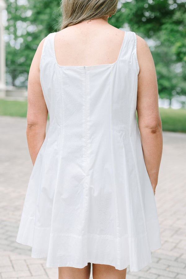 Plus Size white cotton tank mini dress with vertical pintucks and a square neckline.