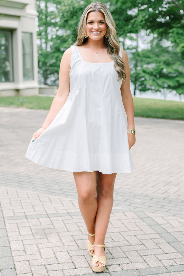 Plus Size white cotton tank mini dress with vertical pintucks and a square neckline.