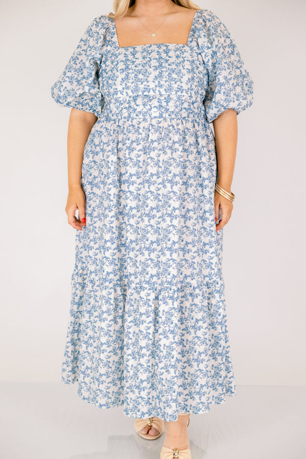 Chic Soul plus size clothing, blue and white floral print short puff sleeve square neck tiered midi dress