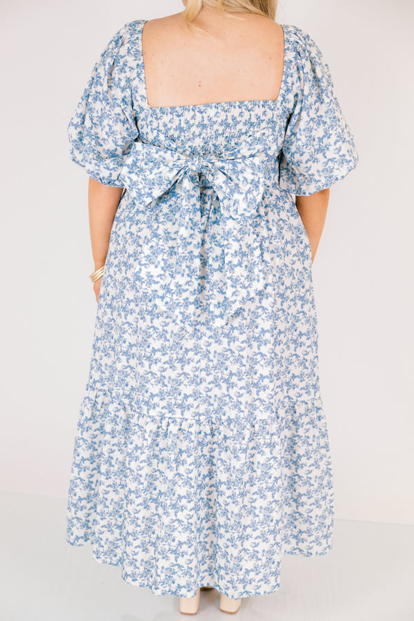 Chic Soul plus size clothing, blue and white floral print short puff sleeve square neck tiered midi dress