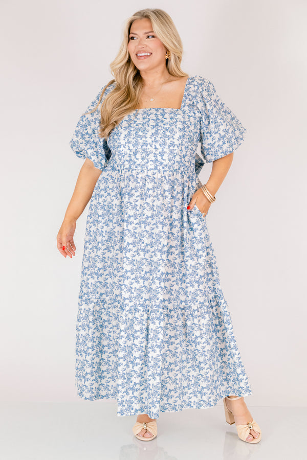Chic Soul plus size clothing, blue and white floral print short puff sleeve square neck tiered midi dress