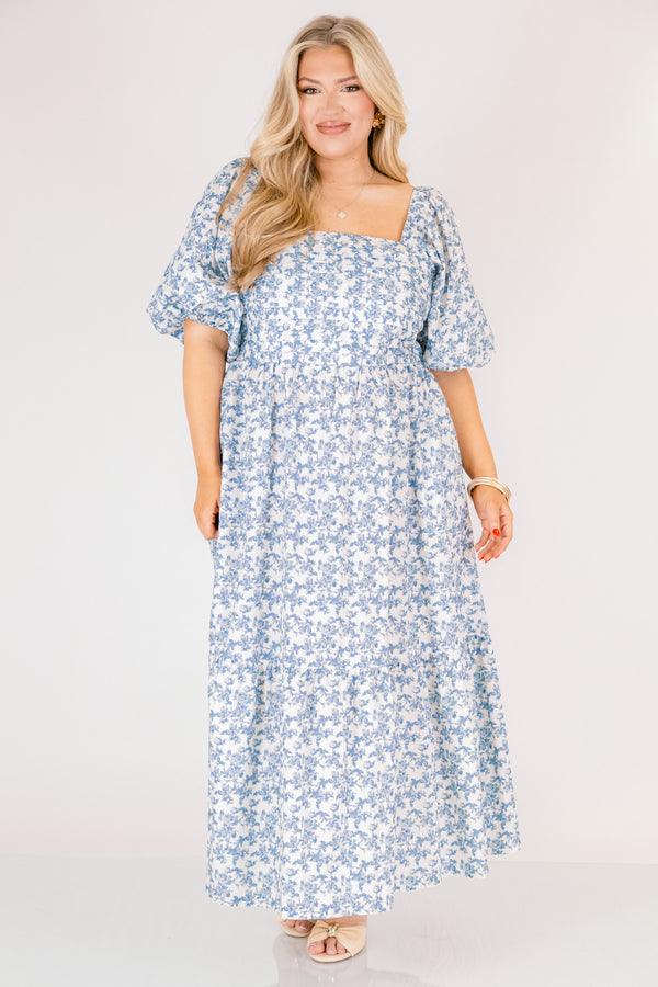 Chic Soul plus size clothing, blue and white floral print short puff sleeve square neck tiered midi dress