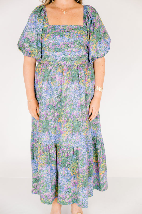 Chic Soul plus size clothing, floral mix tiered maxi dress with bubble sleeves and a square neckline and rouching on the chest