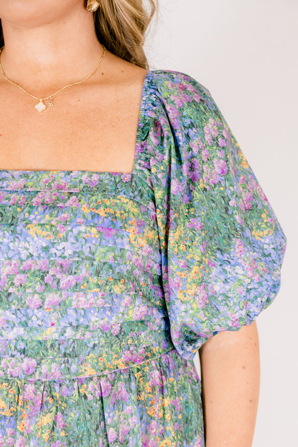 Chic Soul plus size clothing, floral mix tiered maxi dress with bubble sleeves and a square neckline and rouching on the chest