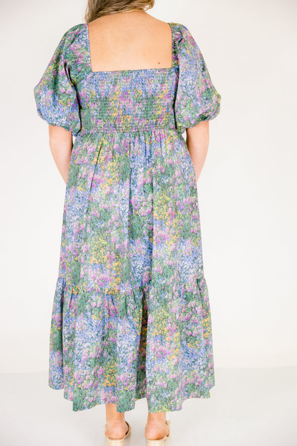 Chic Soul plus size clothing, floral mix tiered maxi dress with bubble sleeves and a square neckline and rouching on the chest