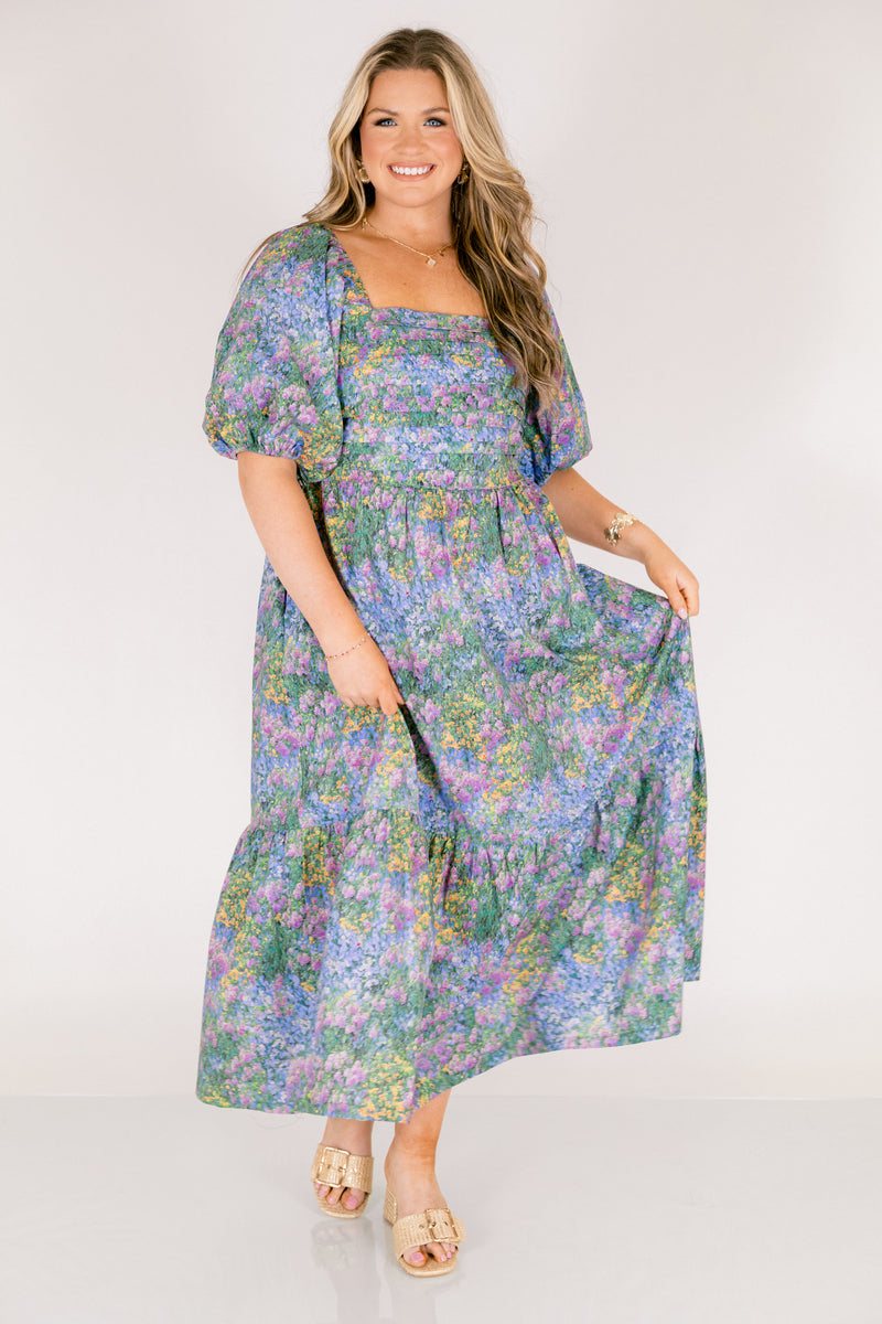 floral midi plus size dress Women's In The Quiet Shade Dress, Blue White Silk Maxi Dress, to trainers bohostyles Color:Brown/Cream