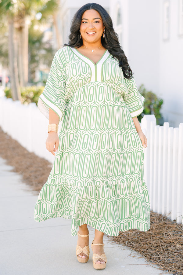 Chic Soul plus size clothing, green and white geometric pattern 3/4 bat wing sleeve flowy maxi dress with deep v neck 