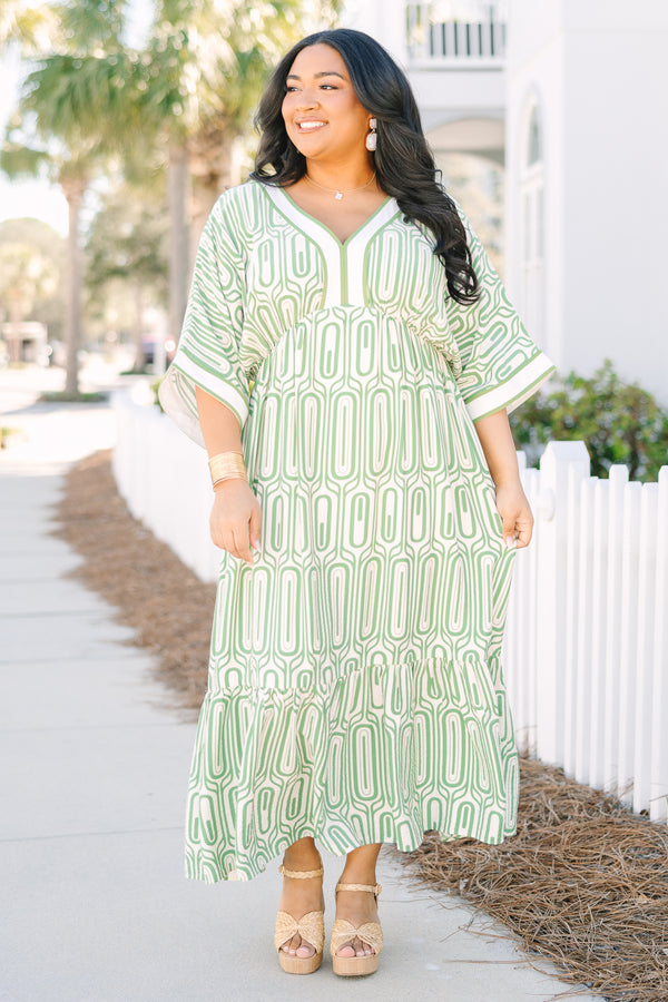 Chic Soul plus size clothing, green and white geometric pattern 3/4 bat wing sleeve flowy maxi dress with deep v neck 