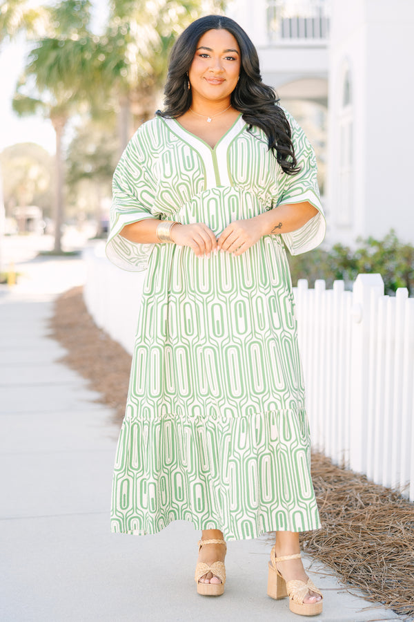 Chic Soul plus size clothing, green and white geometric pattern 3/4 bat wing sleeve flowy maxi dress with deep v neck 