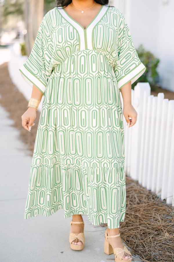 Chic Soul plus size clothing, green and white geometric pattern 3/4 bat wing sleeve flowy maxi dress with deep v neck 