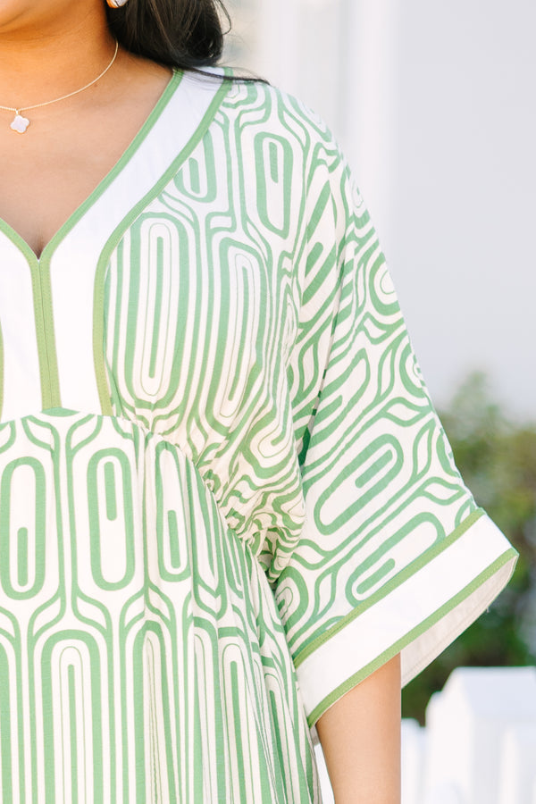 Chic Soul plus size clothing, green and white geometric pattern 3/4 bat wing sleeve flowy maxi dress with deep v neck 