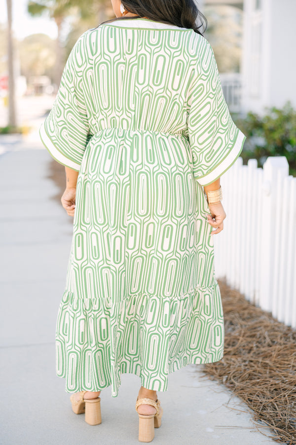 Chic Soul plus size clothing, green and white geometric pattern 3/4 bat wing sleeve flowy maxi dress with deep v neck 