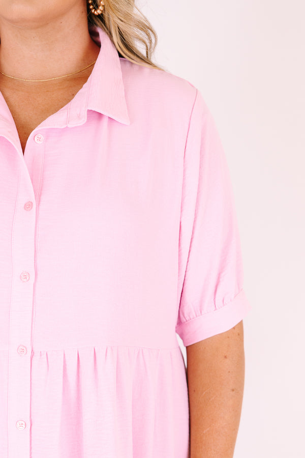 Chic Soul plus size clothing, baby pink button-up maxi dress with short sleeves and a flare out at the end of the dress 