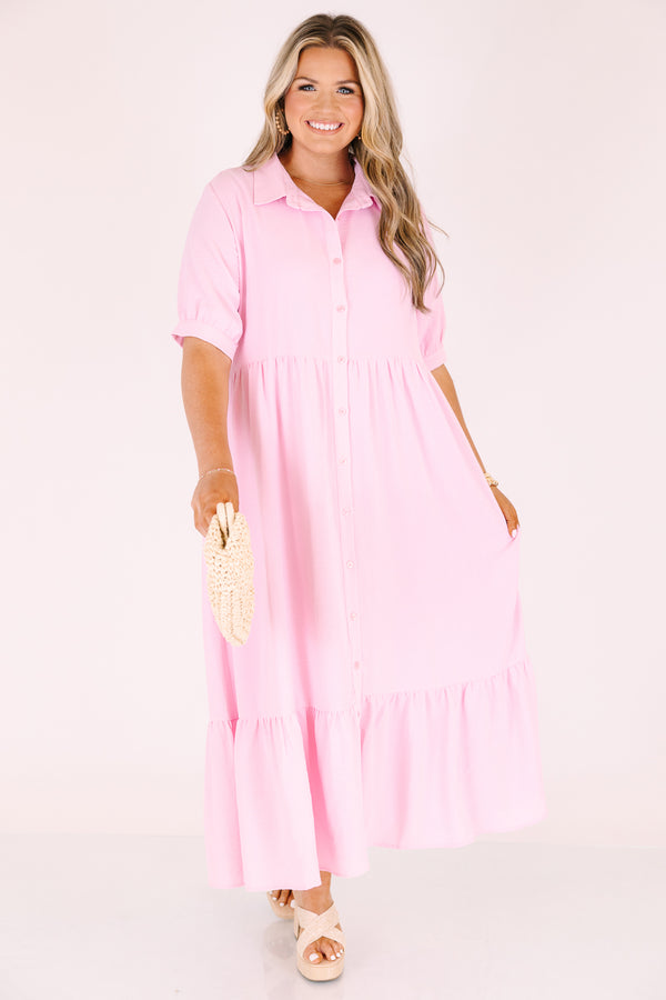 Chic Soul plus size clothing, baby pink button-up maxi dress with short sleeves and a flare out at the end of the dress 